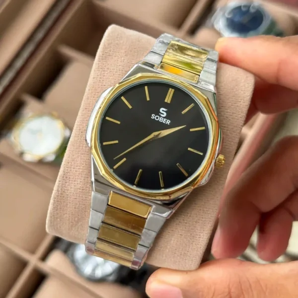 Sober Hexa Style | Authentic brand | Dual Tone | Black dial | Sunbrust effect dial