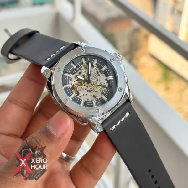 Fossil Automatic Leather Belt Watch | black Belt Silver Body