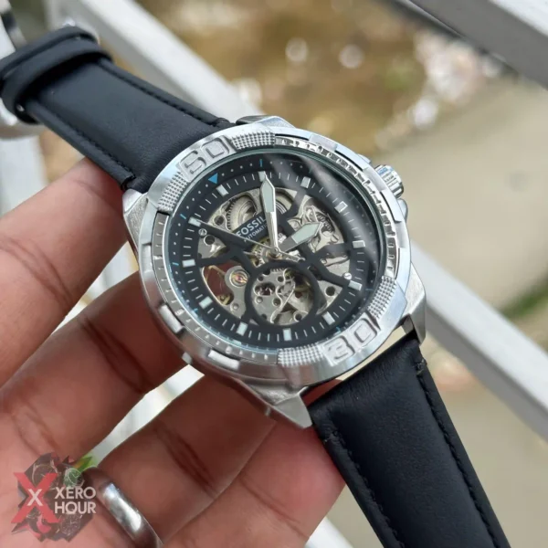 Fossil Bronson Auto Movement | Skeleton Dial | Matte Silver | Black belt