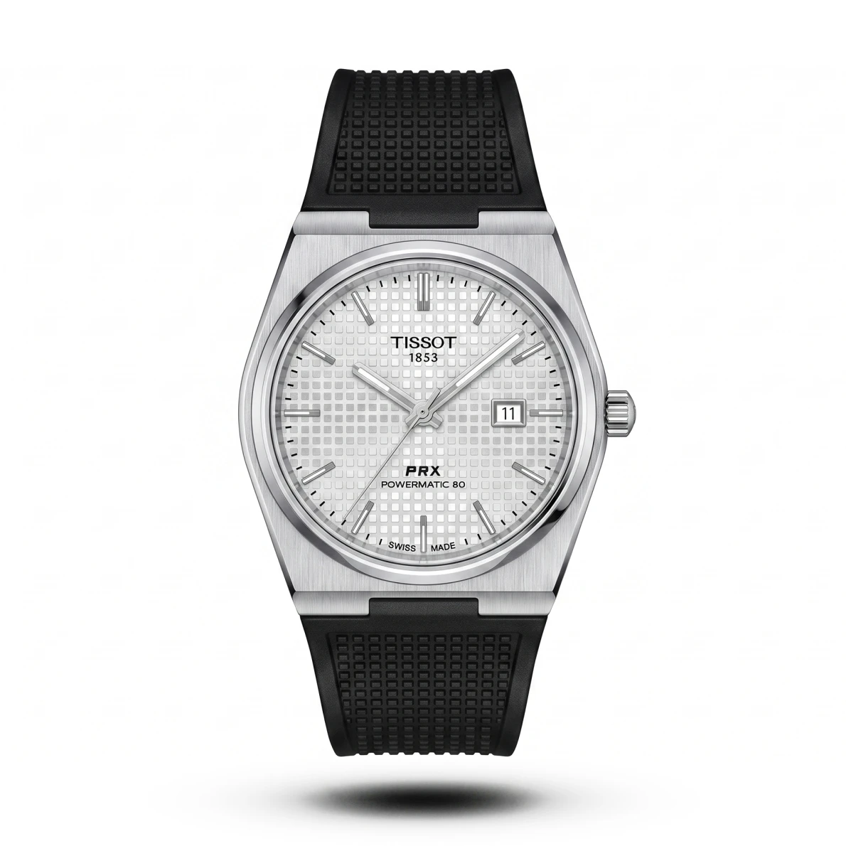 product-0144fd7f-e136-422f-a8d3-99fad1791f70.webp Tissot Prx Powermatic 80 Black Strap Waffle White Dial Watch - Image 1