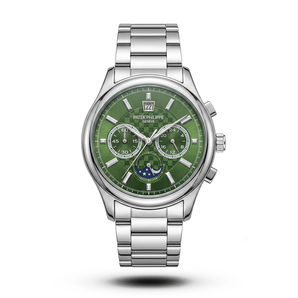 product-040342df-c1d9-402d-96ca-88a2101330f1.webp Patek Philippe-Inspired Complications Chronograph Olive Green Dial Silver Tone Watch - Image 1