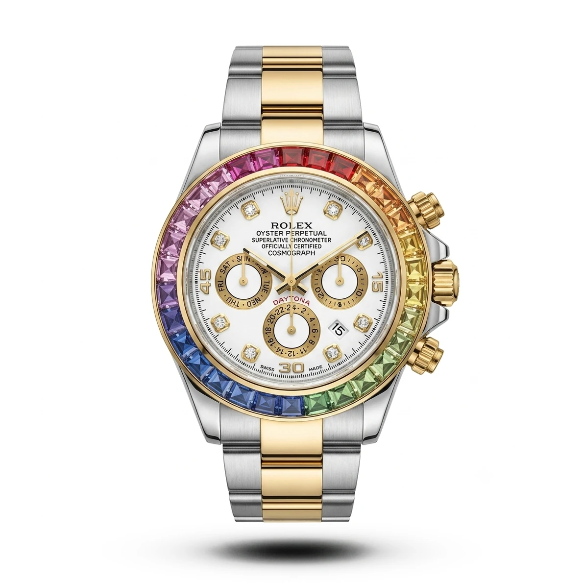 product-044d6733-f9cf-404f-98a5-25f2cfbd7248.webp Rolex-Inspired Daytona Rainbow Bezel Two-Tone Steel Watch - Image 1