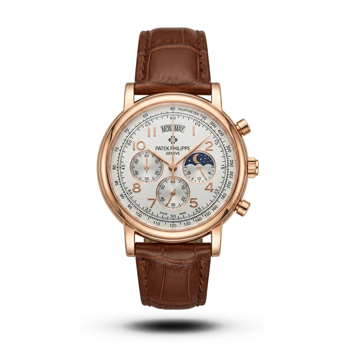 product-0456f2cc-9517-40c0-90c9-f94c1c4de9a0.webp Patek Philippe-Inspired Grand Chrono Brown Leather Rose Gold Case White Dial Watch - Image 1
