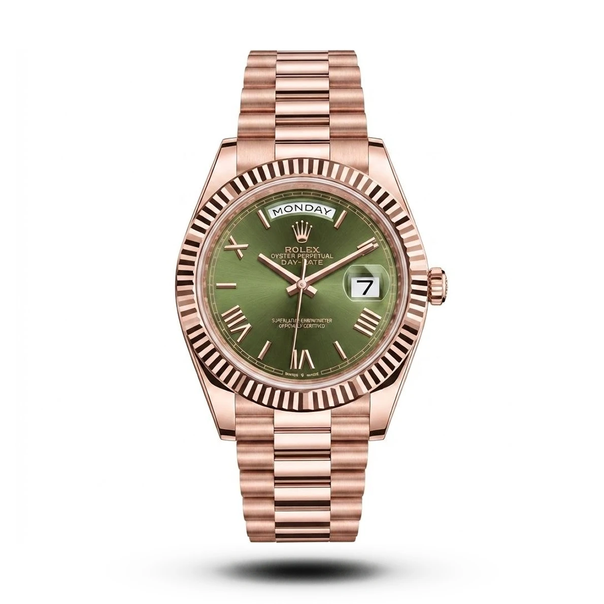 product-0632b718-cee4-457f-b23c-9893b51cef15.webp Rolex Inspired Day-Date Presidential Roman Dial Rose Gold Tone Olive Dial Watch - Image 1