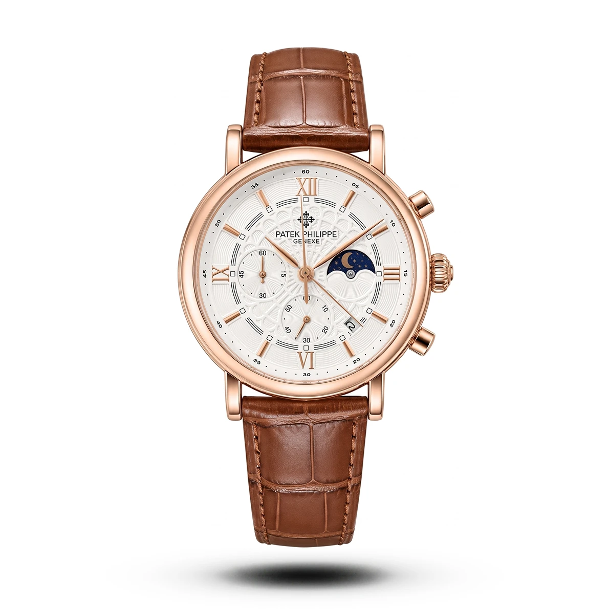 product-0a44bb25-d88c-4039-a304-9f5eaa2a6d13.webp Patek Philippe-Inspired Spider Dial Moonphase Brown Strap White Dial Rose Gold Case Watch - Image 1