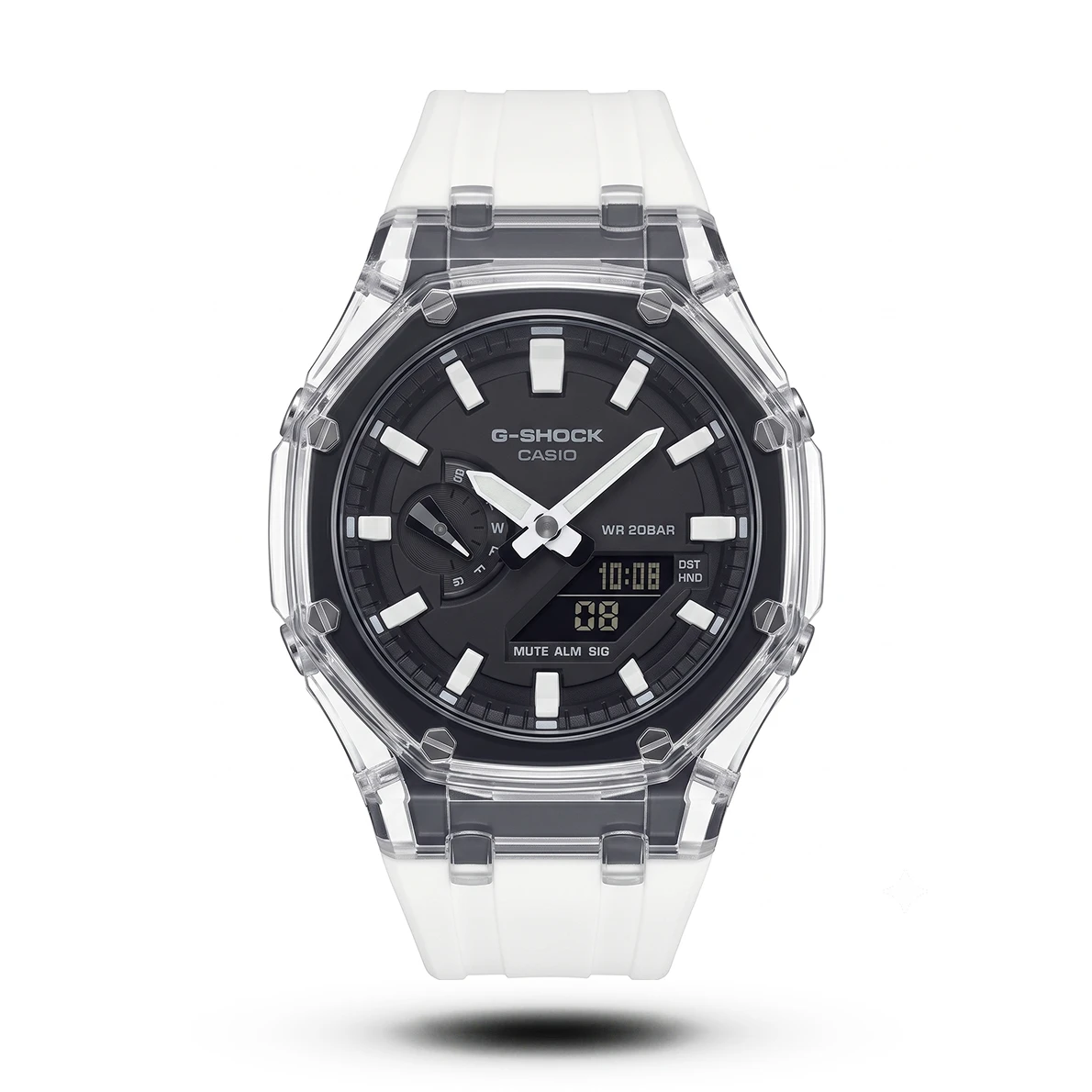 product-0e204f3d-e28a-43d2-be50-96a588e68bea.webp G-Shock-Style GA-2100 Transparent Case Black Dial White Digit White Strap Watch - Image 1