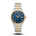 Omega-Style De Ville Prestige Roman Silver Gold Tone Blue Dial Watch