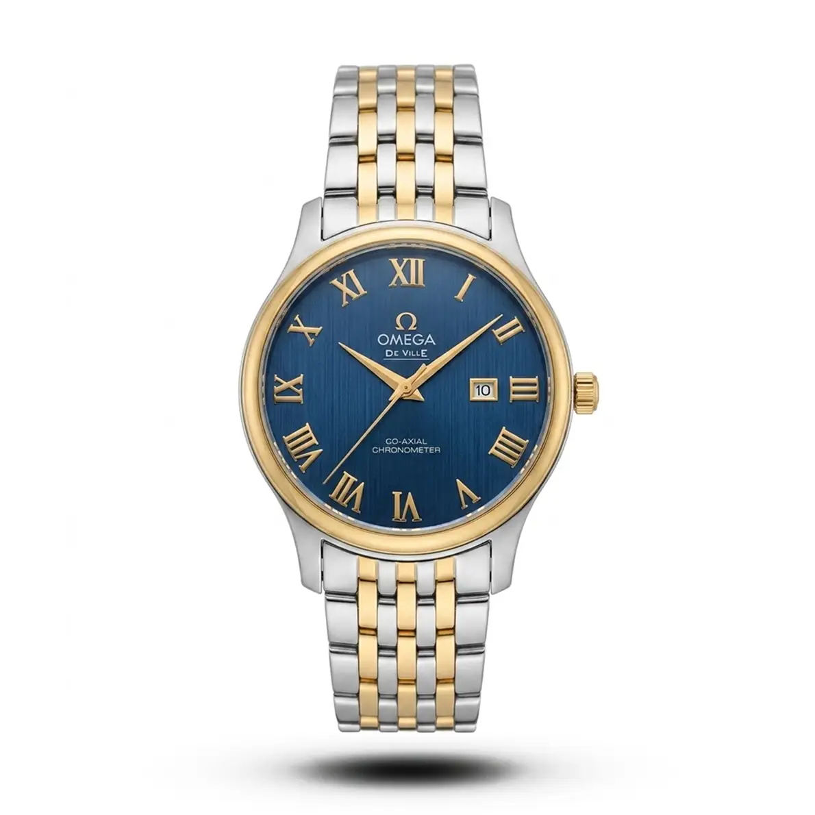 product-1036d1c0-0ac5-439c-a0a9-b5b1107e63bc.webp Omega-Style De Ville Prestige Roman Silver Gold Tone Blue Dial Watch - Image 1