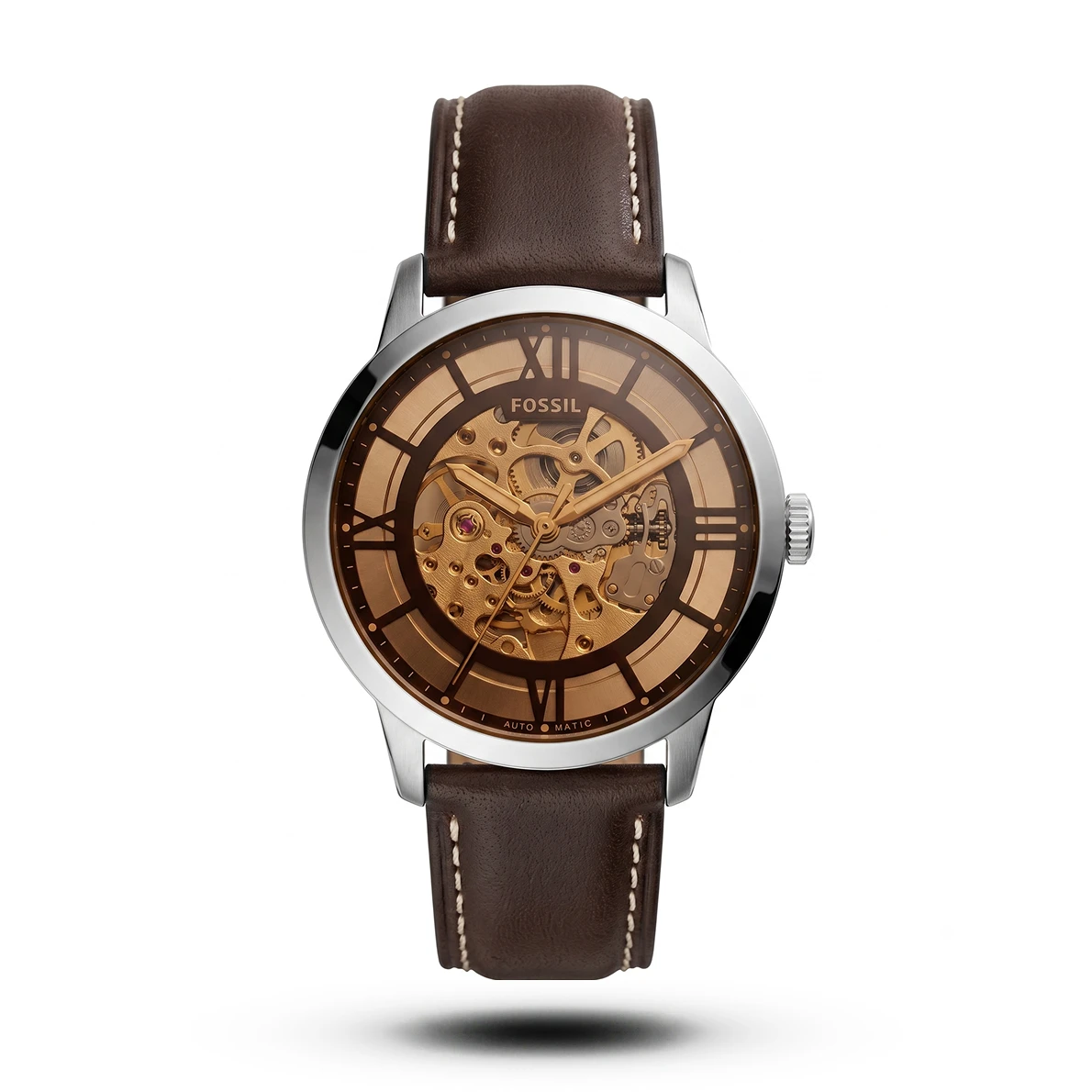 product-1164832b-4c3e-4ce7-91d3-138ea092c65d.webp Fossil-Style Townsman Automatic Silver Tone Brown Leather Watch - Image 1