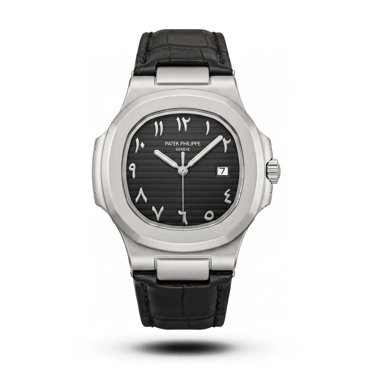 product-12a3174f-05cf-4ef1-9482-9ec5425304a0.webp Patek Philippe Inspired Nautilus Arabic Dial Black Leather Black Dial Watch - Image 1