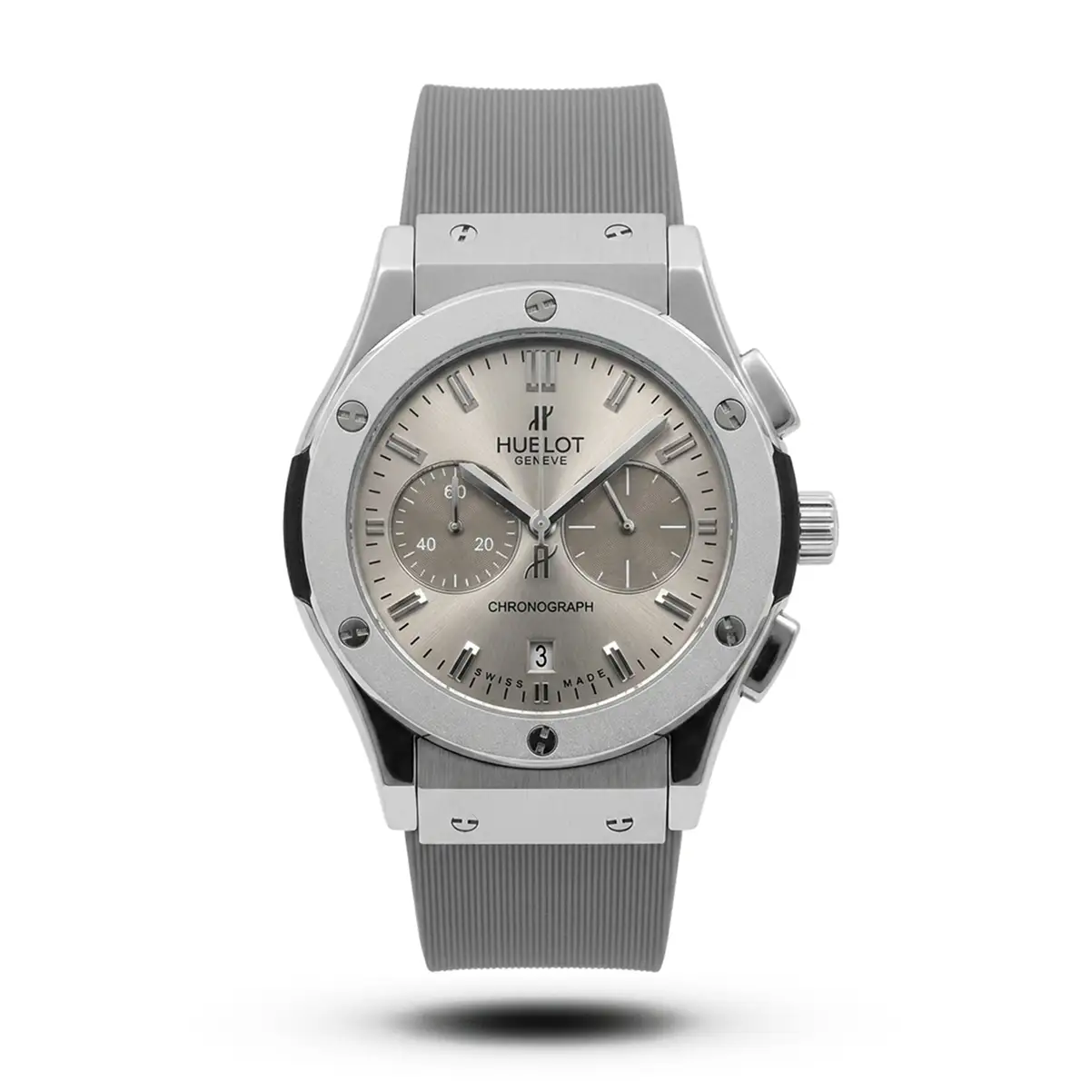 product-16f239e4-6560-4d2a-9694-aaa29d7bedf6.webp Hublot-Style Classic Fusion Chronograph Grey Strap Silver Case Watch - Image 1
