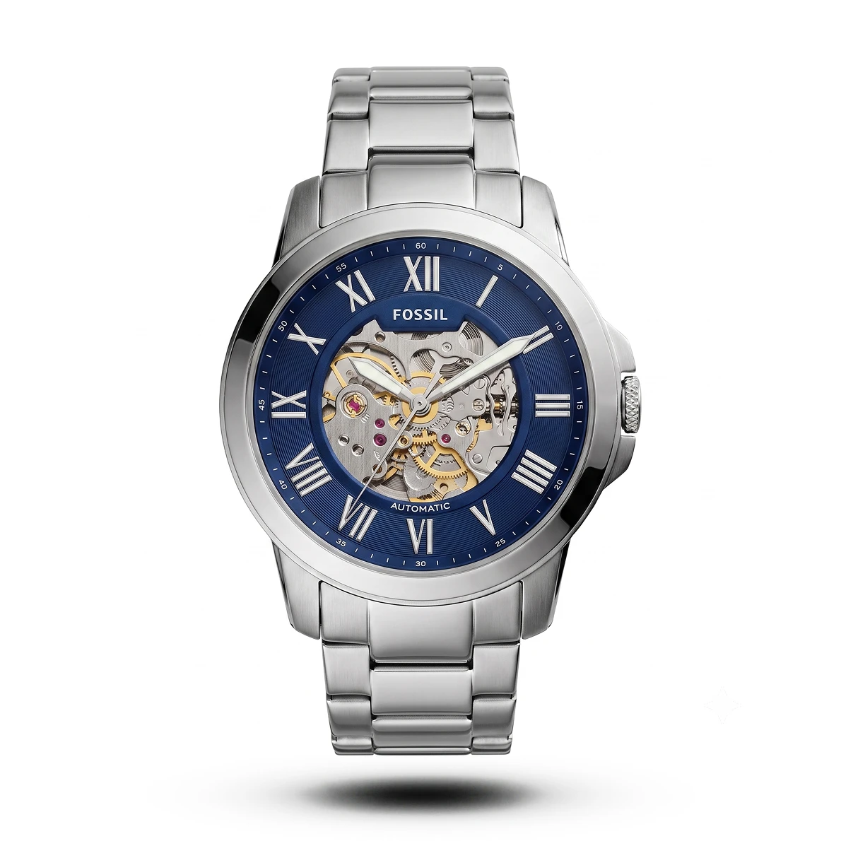 product-18419ee2-558d-401d-8ea6-4518f42b2942.webp Fossil-Style Grant Automatic Skeleton Silver Tone Blue Dial Watch - Image 1