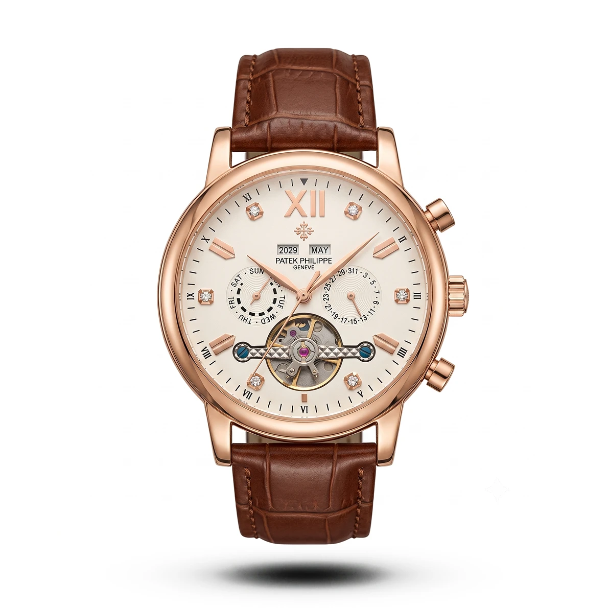 product-1a5f1923-7c88-483d-bd49-fdf5d199f5f5.webp Patek Philippe-Inspired Grand Calendar Open-Heart Perpetual Brown Leather Rose Gold Tone Watch - Image 1