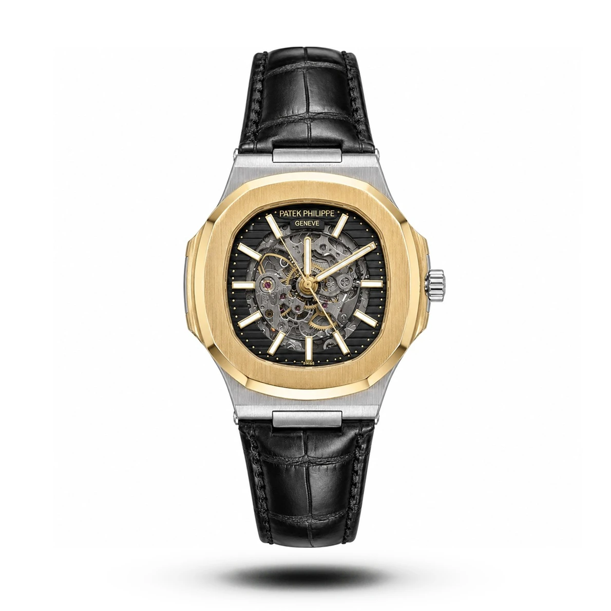 product-1e628d27-3ed4-48cc-9452-d9f30e1668db.webp Patek Philippe-Inspired Skeleton Black Leather Two-Tone Bezel Black Dial Watch - Image 1