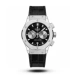 Hublot-Style Classic Fusion Chronograph Black Leather Black Dial Silver Sub Dial Watch