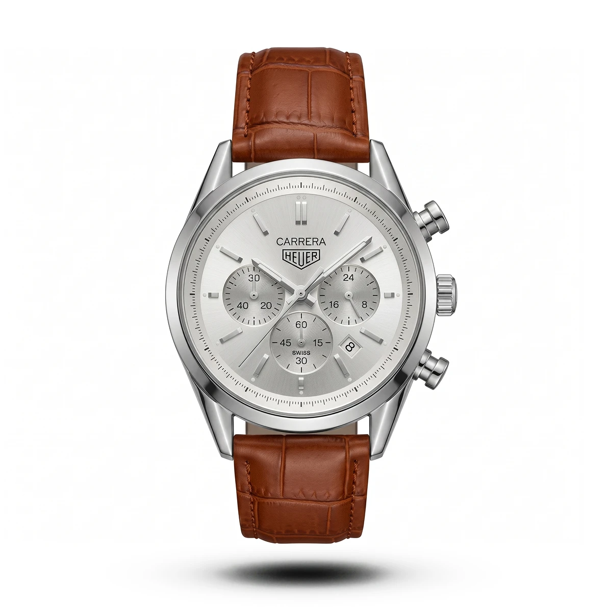 product-2a5ae15d-8d1a-4f5a-9e0d-14015fa8891b.webp Tag Heuer-Style Carrera Chrono Tri-Compax Brown Belt Silver Case White Dial Watch - Image 1