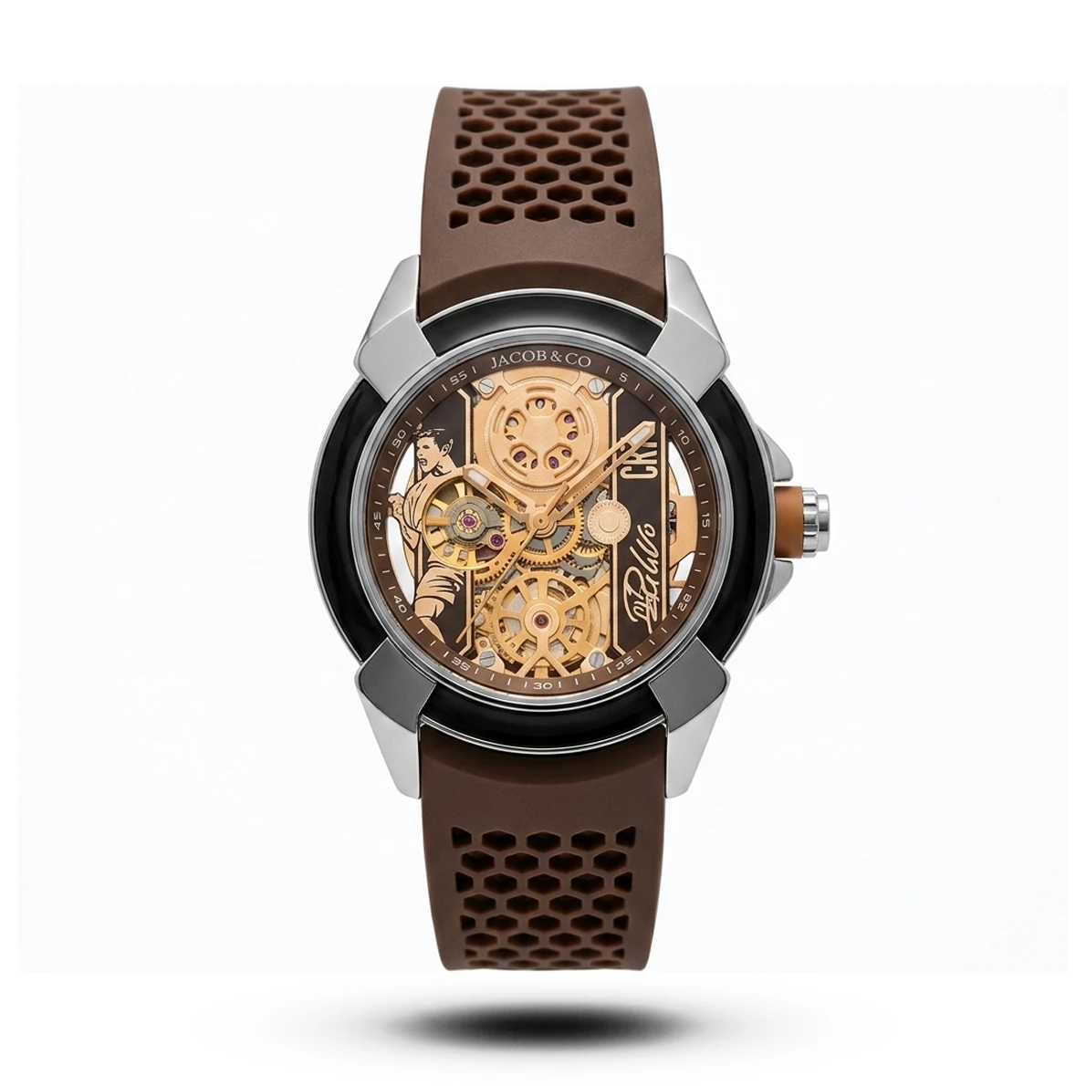 product-2a7f2280-43fa-4816-9c6c-fd6c413ff160.webp Jacob & Co-Style Epic X CR7 Skeleton Auto Brown Strap Silver Tone Watch - Image 1