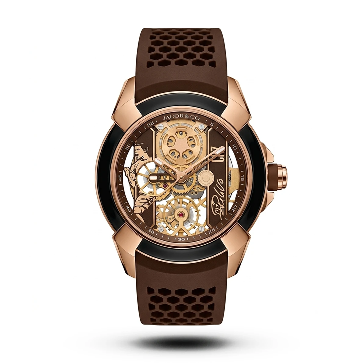 product-3614eb00-242f-4416-9ba2-d1c6134b468d.webp Jacob & Co-Style Epic X CR7 Skeleton Auto Brown Strap Rose Gold Tone Watch - Image 1
