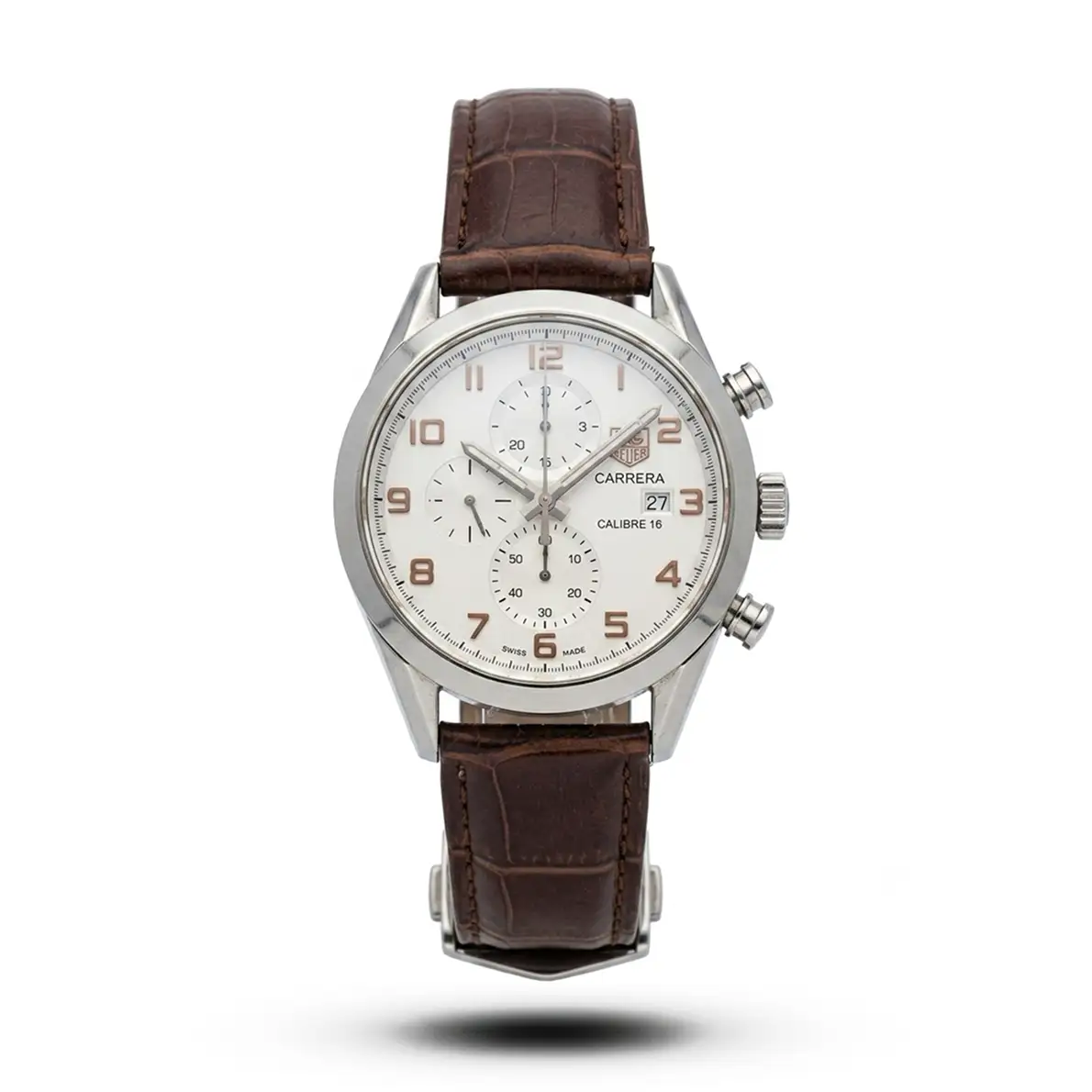 product-3b120b10-c528-4d97-a8bf-13d1badb1468.webp Tag Heuer-Style Carrera Calibre 16 White Dial Brown Leather Watch - Image 1