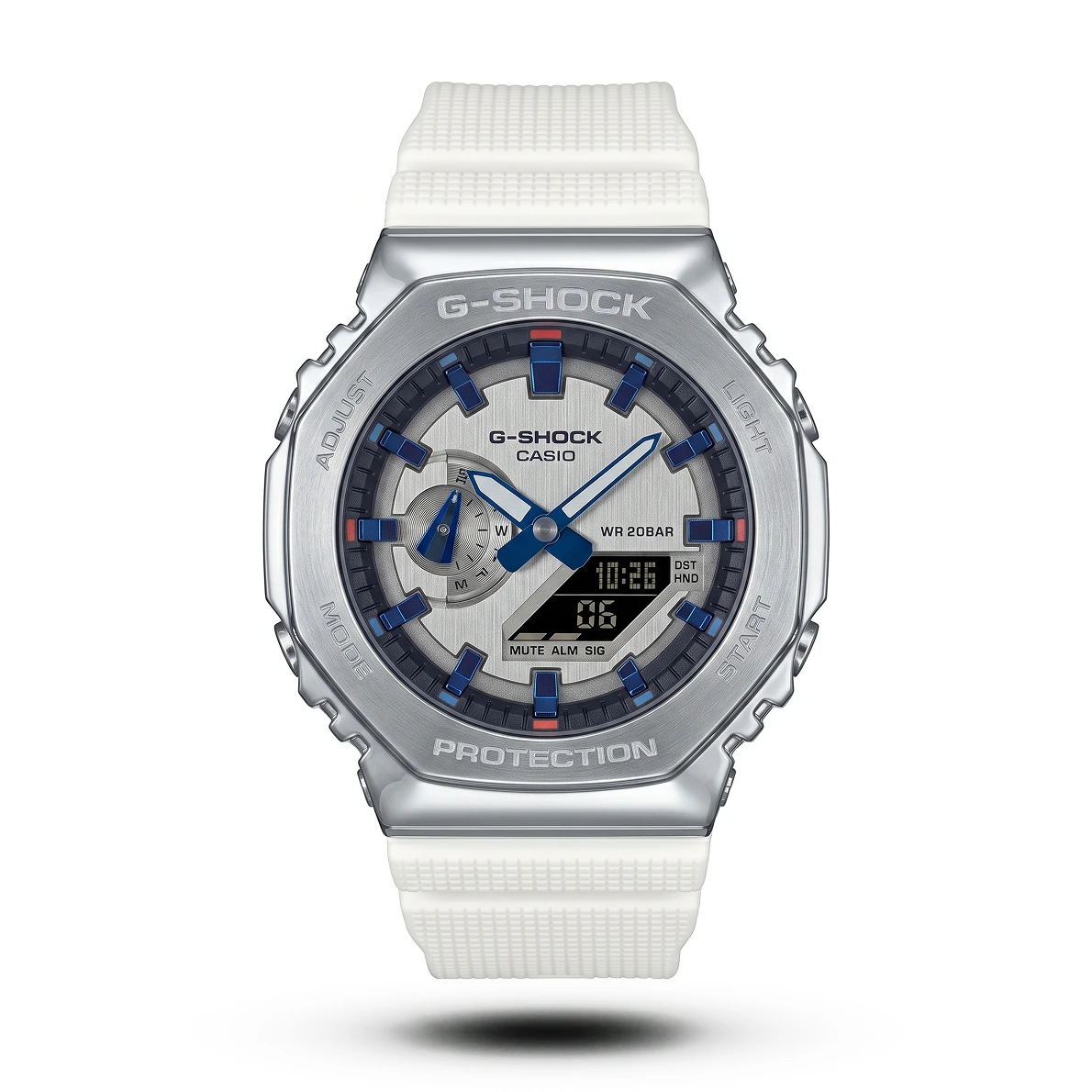 product-3d1a11a3-b8bc-4465-8a60-b4f440809b78.webp Casio-Style G-Shock Casioak GM-2100 Metal Bezel White Resin Watch - Image 1