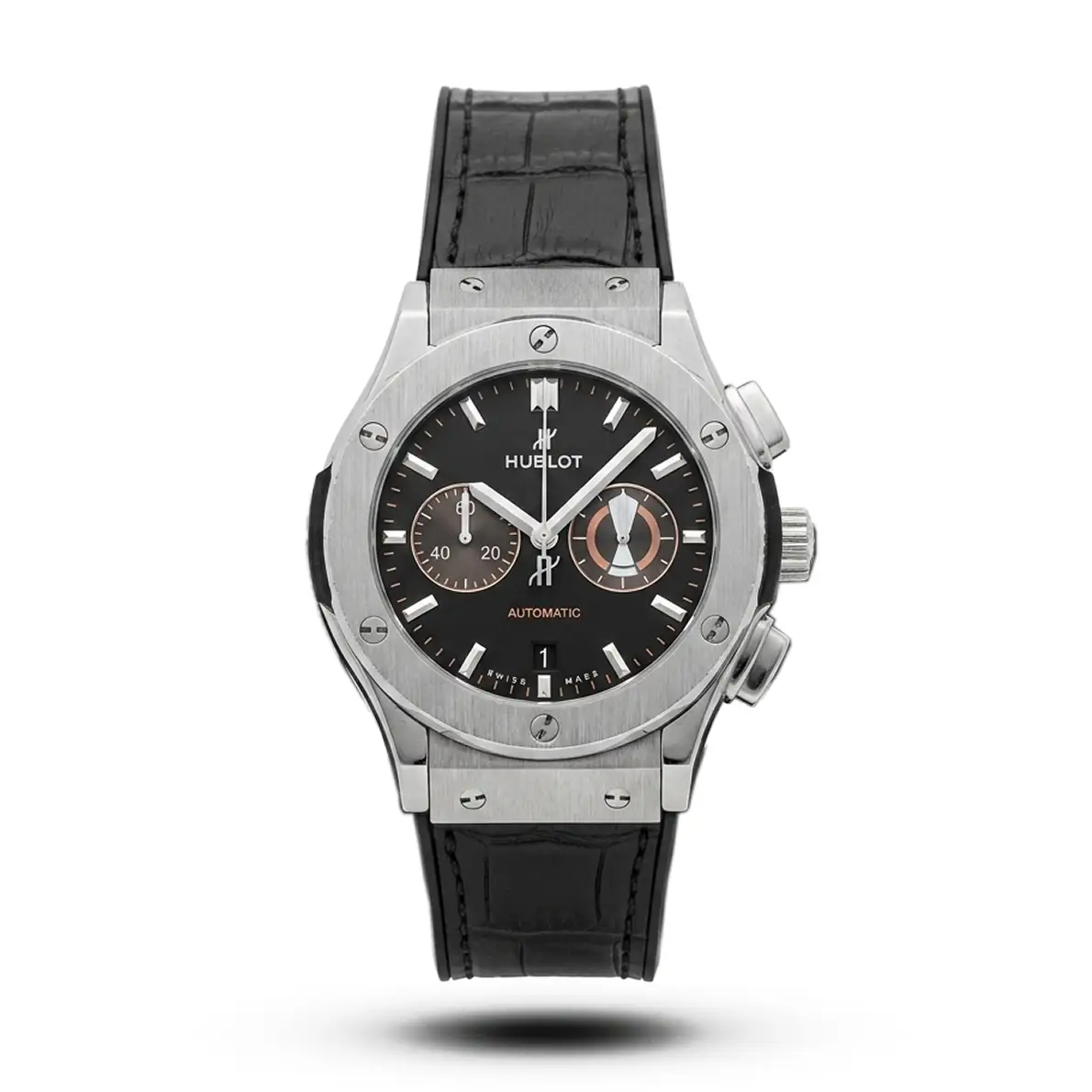 product-47522dda-af06-4b69-9835-812d793eb8fa.webp Hublot Classic Fusion Chronograph silver tone Black Dial Leather Strap Watch | AA Grade Inspired - Image 1