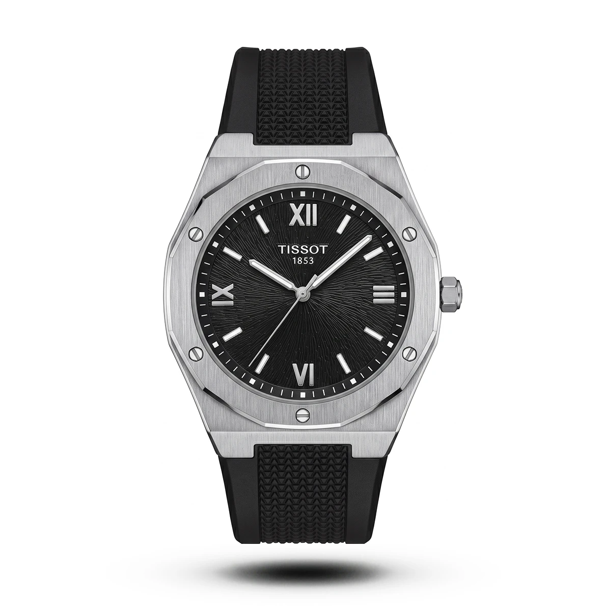 product-4ceb5be6-d764-4d01-b65e-cccea15b6dea.webp Tissot 1853 Octagonal Bezel Textured Strap Black Dial Watch - Image 1
