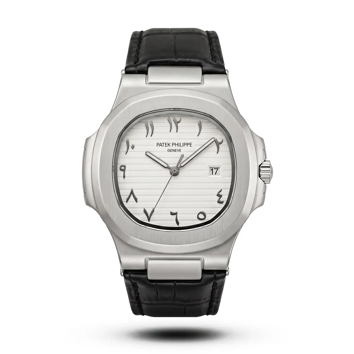 product-4e5cc2b4-7320-42f4-99ad-ed57262c8347.webp Patek Philippe Inspired Nautilus Arabic Dial Black Leather White Dial Watch - Image 1