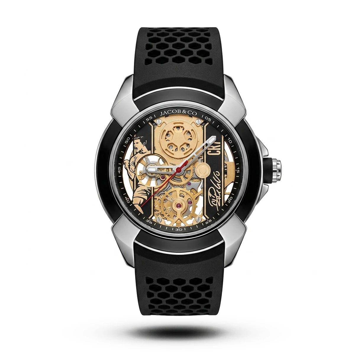 product-55268dc7-e136-492f-83ba-1f61b2ff422d.webp Jacob & Co-Style Epic X CR7 Skeleton Auto Black Strap Silver Tone Watch - Image 1