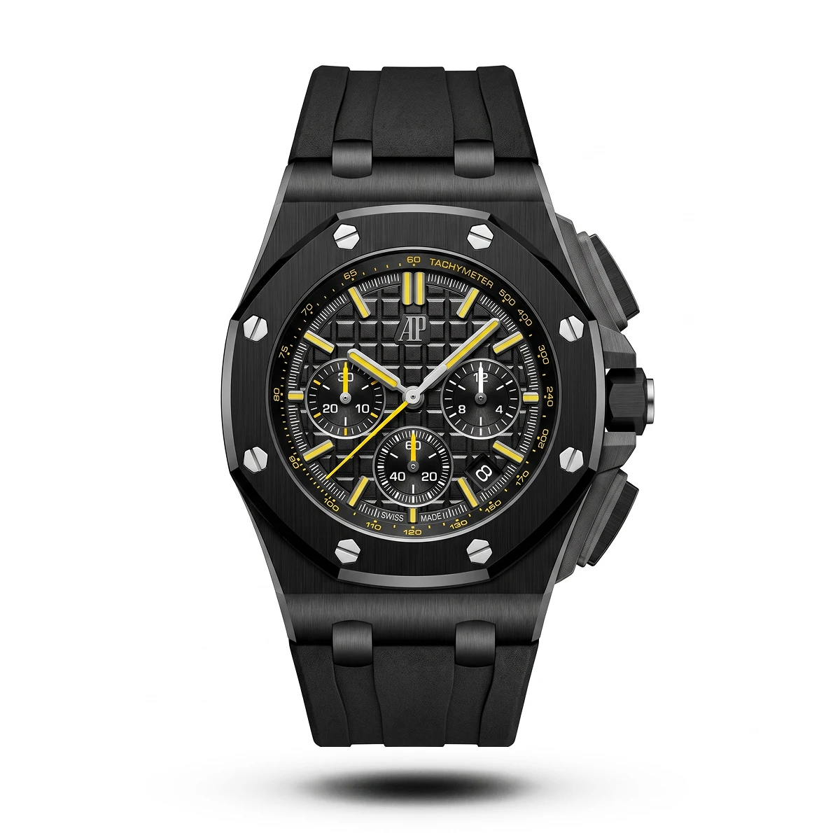 product-5af62234-90d6-45bc-8e5f-dac5e5bc650d.webp AP-Style Royal Oak Offshore Chronograph Black Strap Yellow Accent Watch - Image 1