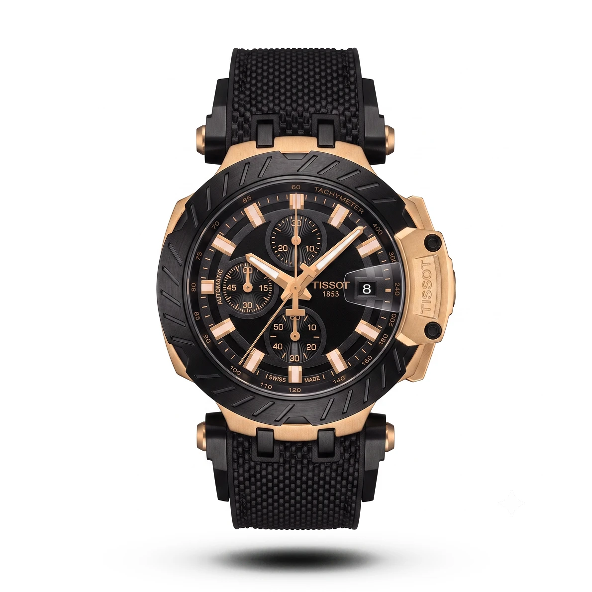 product-5b73da67-ed3e-4cf0-8c8b-636ce57f8ea7.webp Tissot-Style T-Race Black Silicone Strap Rose Gold Case Black Dial Watch - Image 1