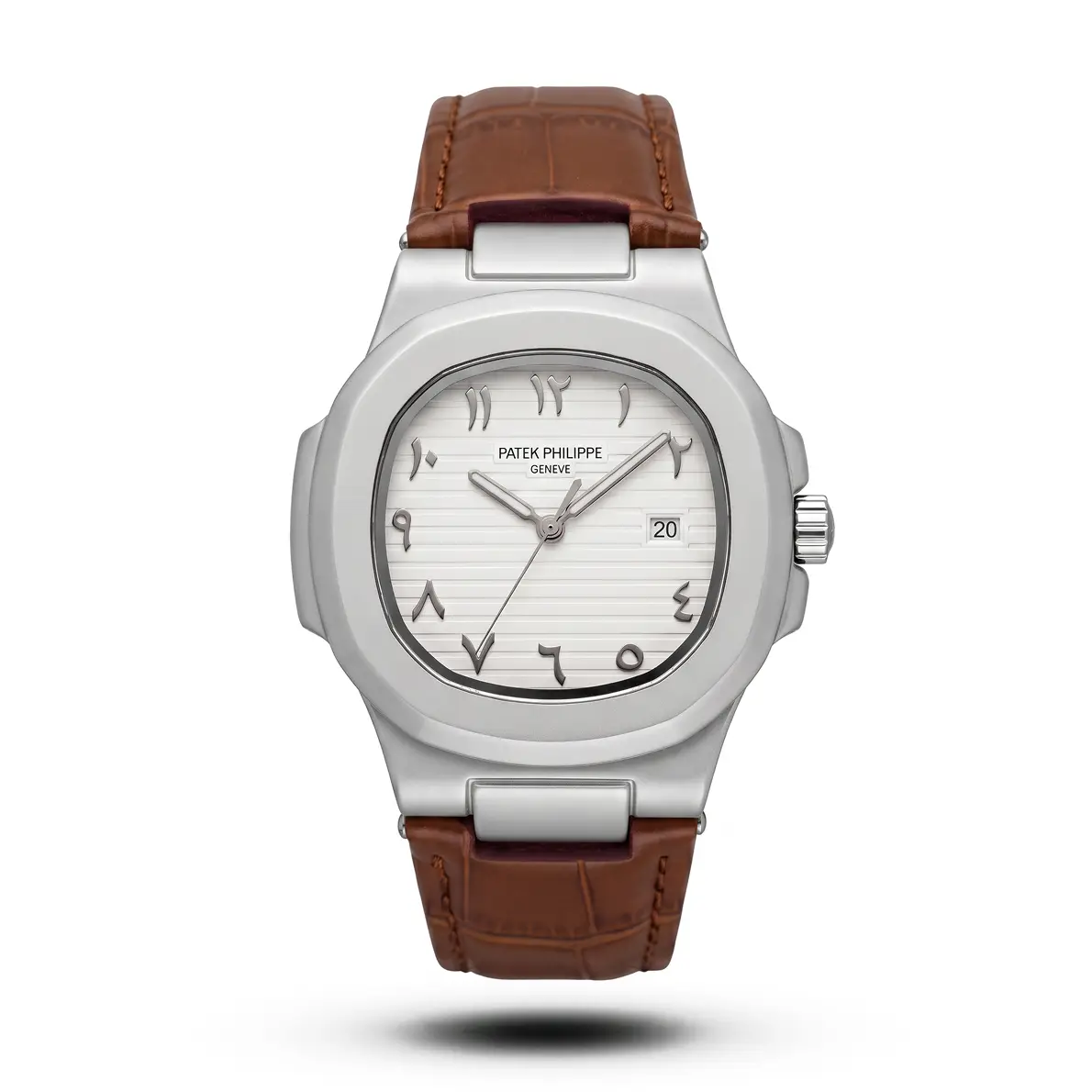product-5d36c4f2-c096-44da-a25a-576e14aaf392.webp Patek Philippe Inspired Nautilus Arabic Dial Brown Leather White Dial Watch - Image 1