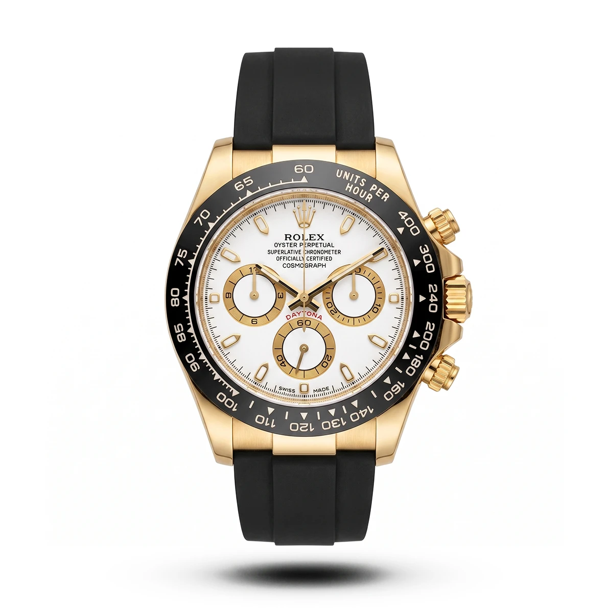 product-5dc277ee-fcc6-4e8f-b464-66a4efc08f28.webp Rolex-Inspired Cosmograph Daytona Gold White Dial Rubber Strap Watch - Image 1