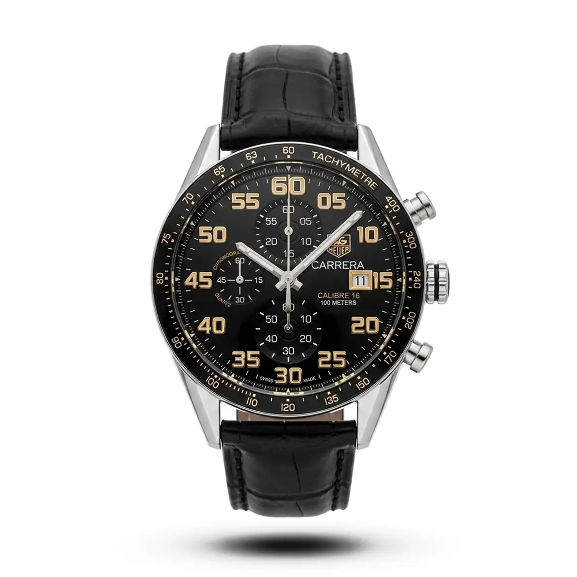 product-6092b4aa-7dea-414b-af3f-7324c1daf697.webp Tag Heuer-Style Carrera Calibre 16 Black Leather Silver Tone Black Bezel Watch - Image 1