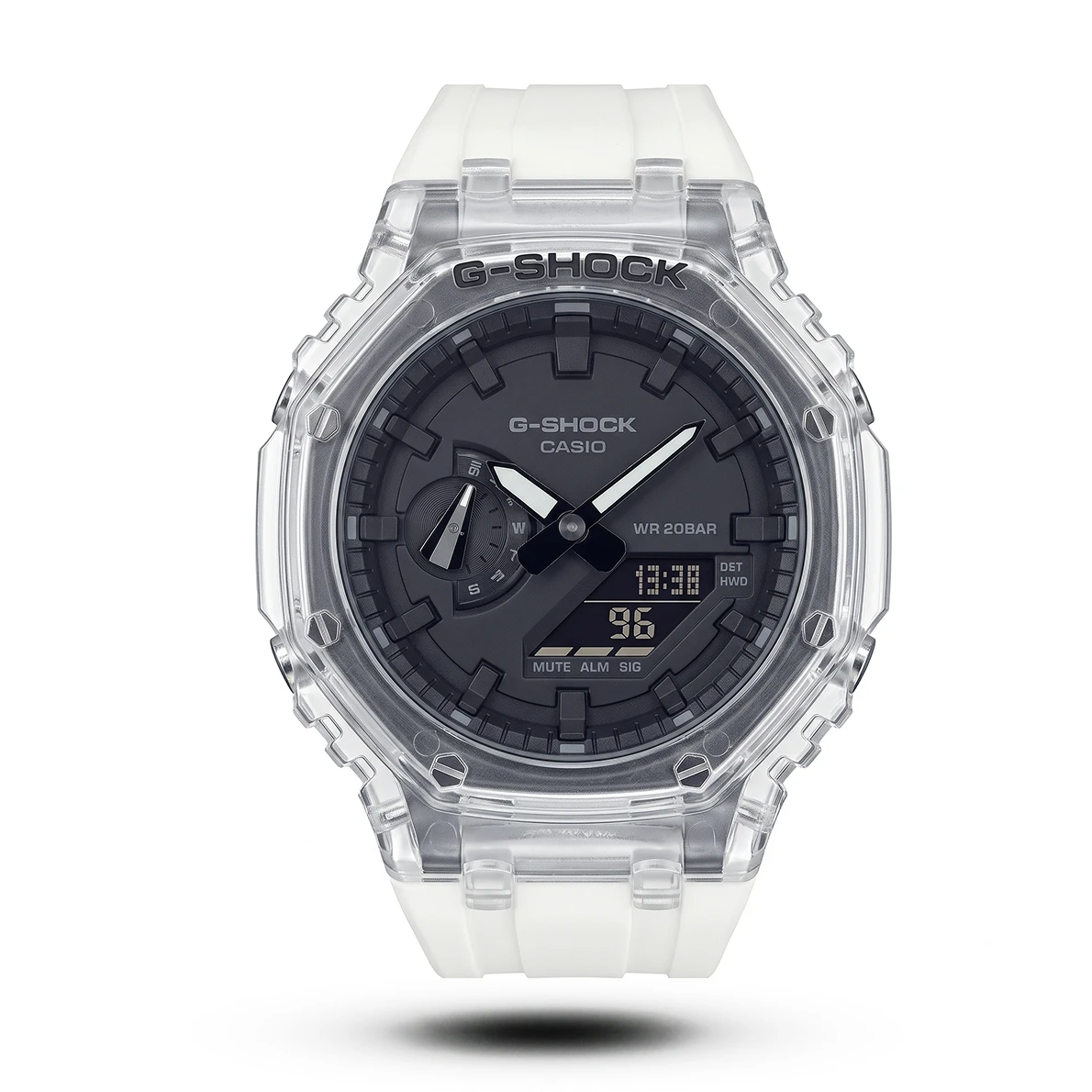 product-686a9820-8095-4702-984b-79fa29ba8fb9.webp G-Shock-Style GA-2100 Transparent Case White Strap Black Dial Watch - Image 1