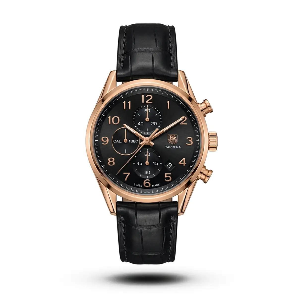 product-6d9f7817-de67-466a-8094-3d4d52d87d39.webp Tag Heuer-Style Carrera Calibre 1887 Black Leather Rose Gold Tone Watch - Image 1