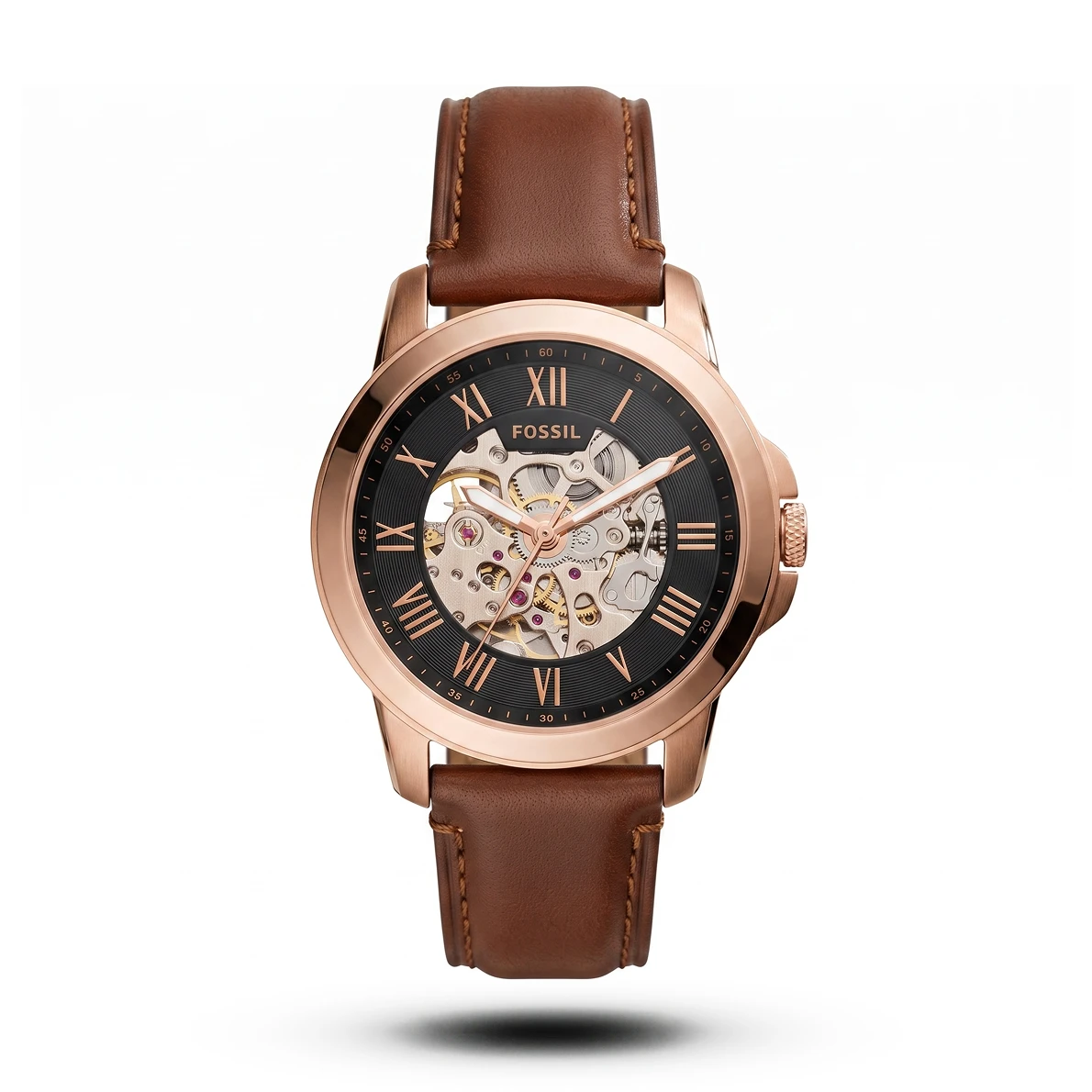 product-725a72a1-c31a-46d1-9b7f-fcee3b059059.webp Fossil-Style Grant Automatic Skeleton Rose Gold Tone Brown Strap Watch - Image 1