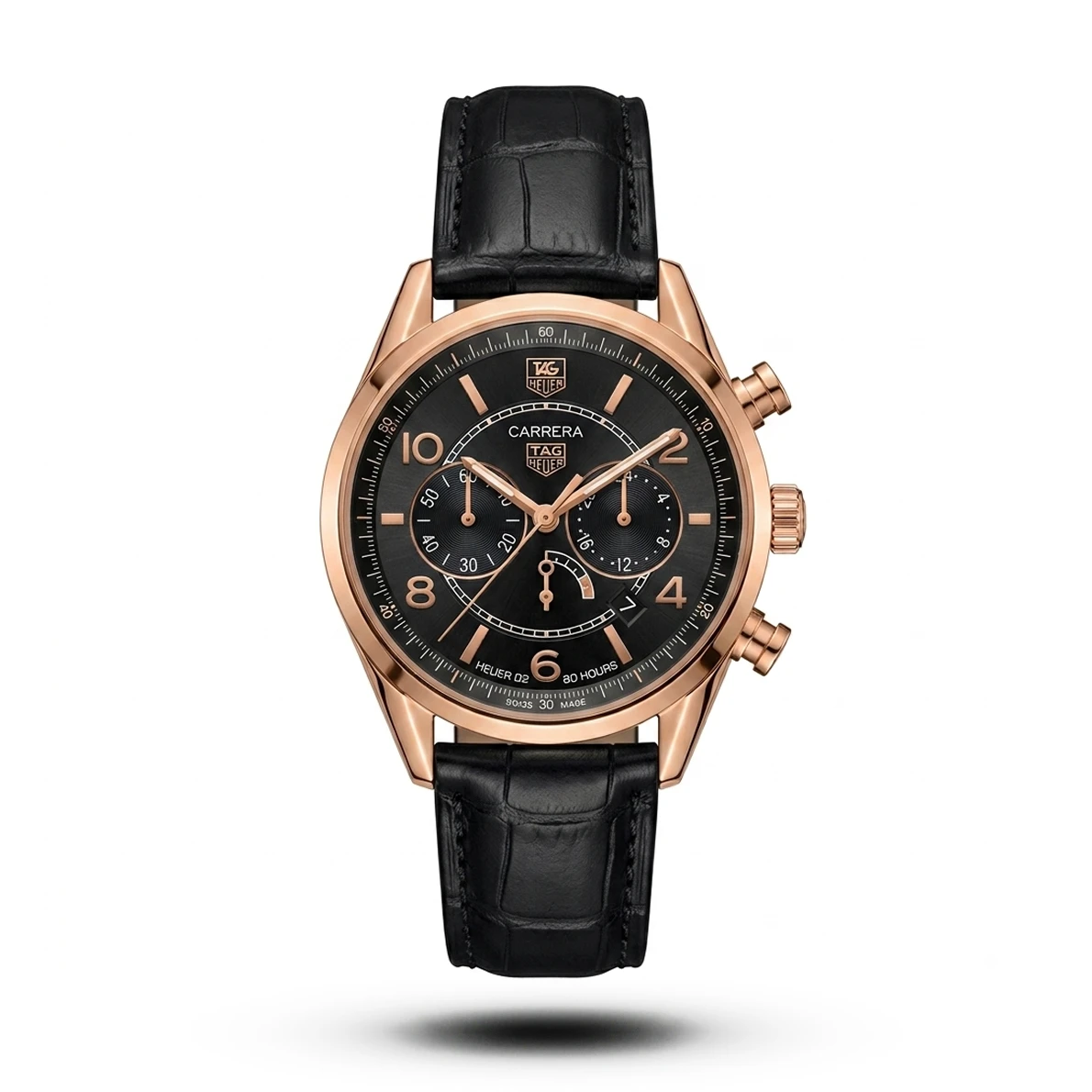 product-72c86329-f14c-407b-a69b-22ff42480fa7.webp Tag Heuer-Style Carrera Tri-Compax Chrono Black Leather Rose Gold Tone Watch - Image 1