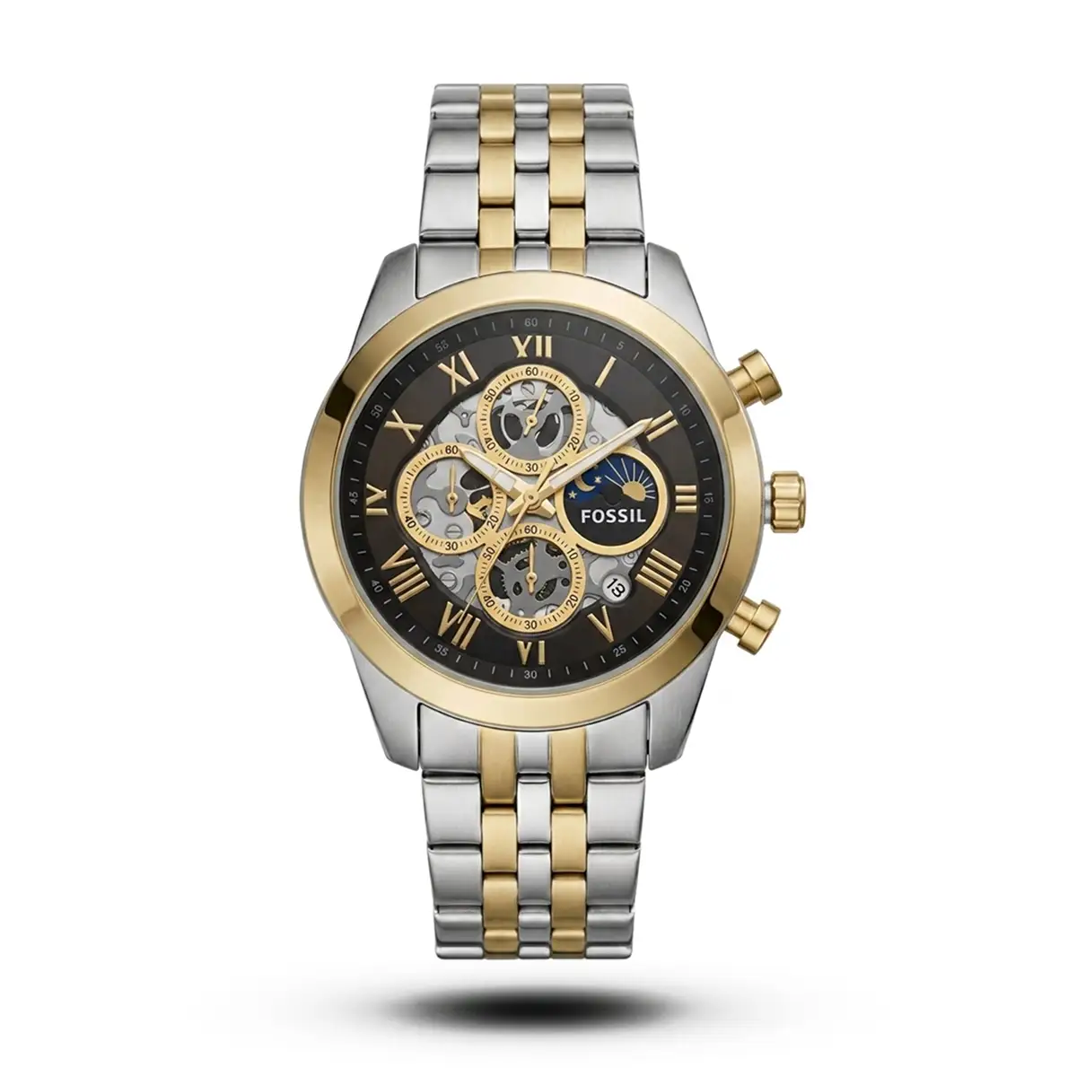product-72cc725a-eec9-47fa-be0b-73c3dcce5463.webp Fossil-Style Grant Skeleton Moonphase Two-Tone Black Dial Watch - Image 1