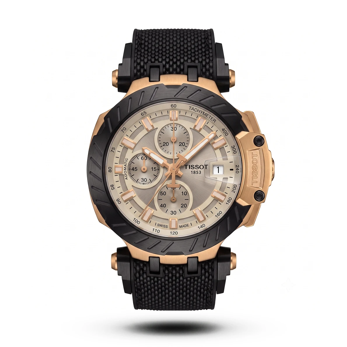 product-73be959f-c0b4-4ebe-b69b-357b669d9f82.webp Tissot-Style T-Race Black Silicone Strap Rose Gold Case White Dial Watch - Image 1