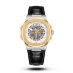 Patek Philippe-Inspired Skeleton Black Leather Two-Tone Bezel White Dial Watch