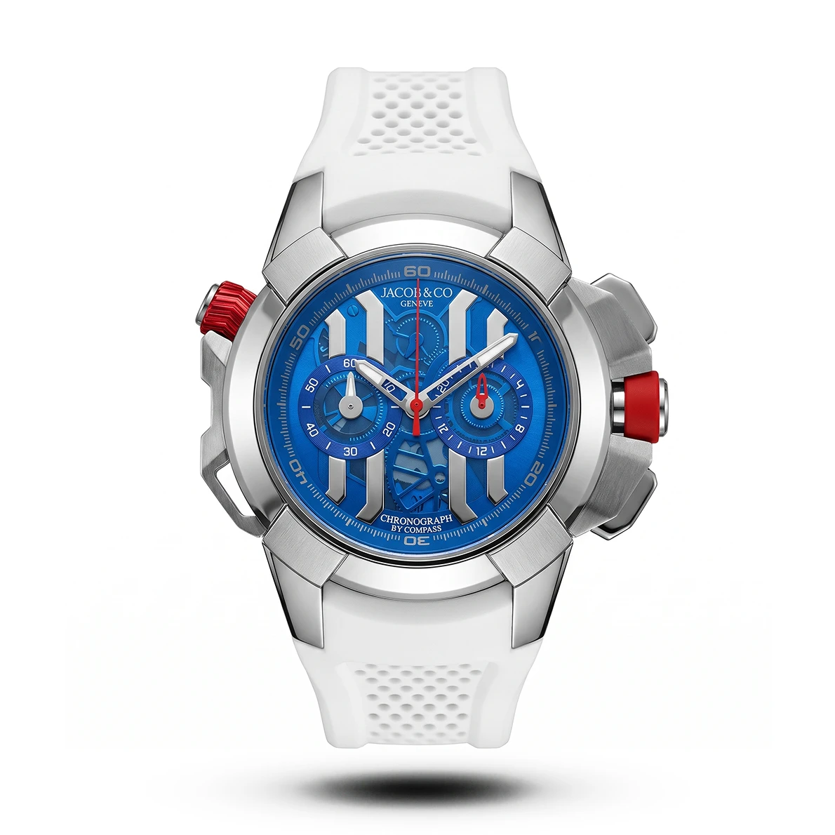 product-7b86aed7-0613-438a-ac3a-7580ff470295.webp Jacob & Co-Style Epic X Chrono Messi Edition White Strap Blue Dial Watch - Image 1