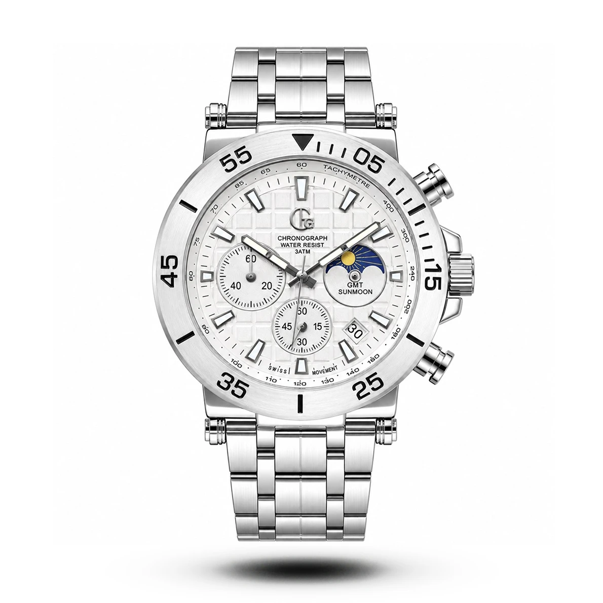 product-7c1bc0a1-baac-4053-b1cd-50dce799340f.webp GC-Style Chronograph GMT Sun & Moon White Dial Watch - Image 1
