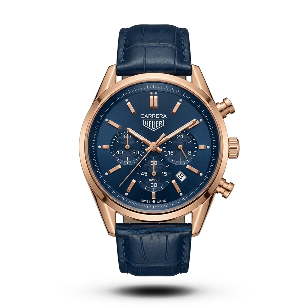 product-7d56bbce-6592-4603-8090-196f2fbe99c0.webp Tag Heuer-Style Carrera Chronograph Blue Leather Rose Gold Tone Watch - Image 1