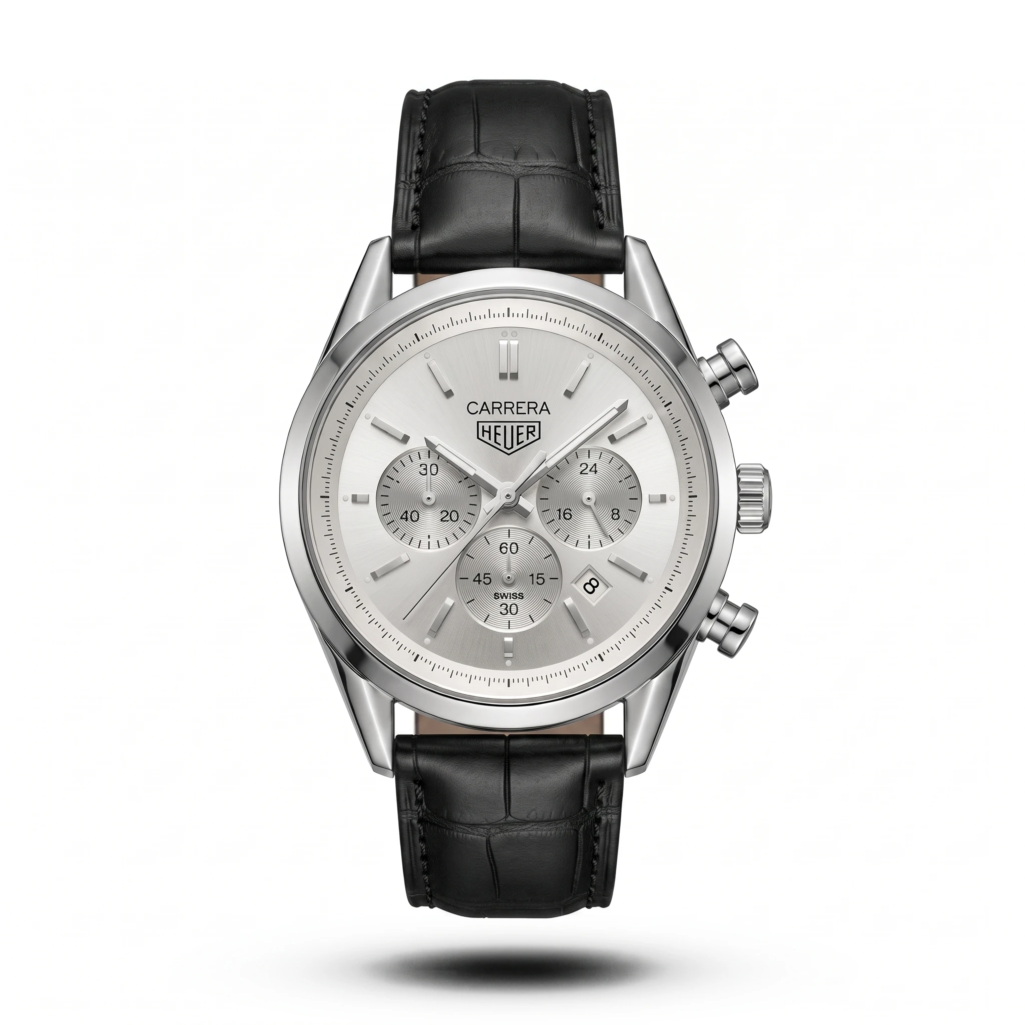 product-7e2d4a0b-4aaa-4646-8d79-fdf20212a1e2.webp Tag Heuer-Style Carrera Chrono Tri-Compax Black Belt Silver Case White Dial Watch - Image 1