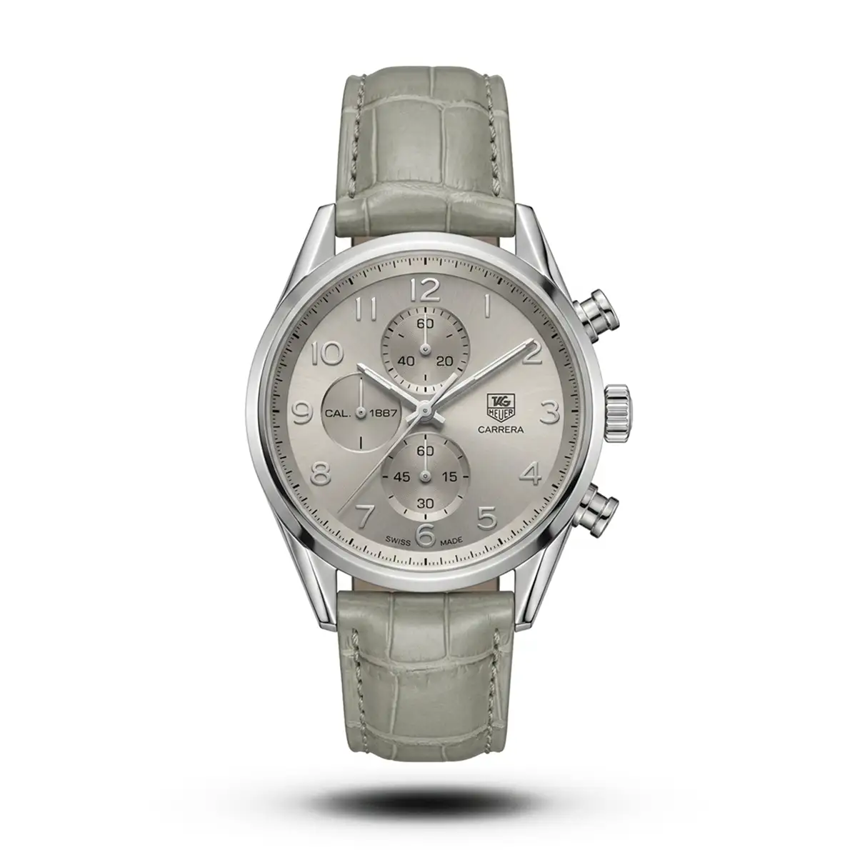 product-84b599c8-564d-41e1-bbb0-3b42517c41ad.webp Tag Heuer-Style Carrera Calibre 1887 Grey Leather Silver Tone Watch - Image 1
