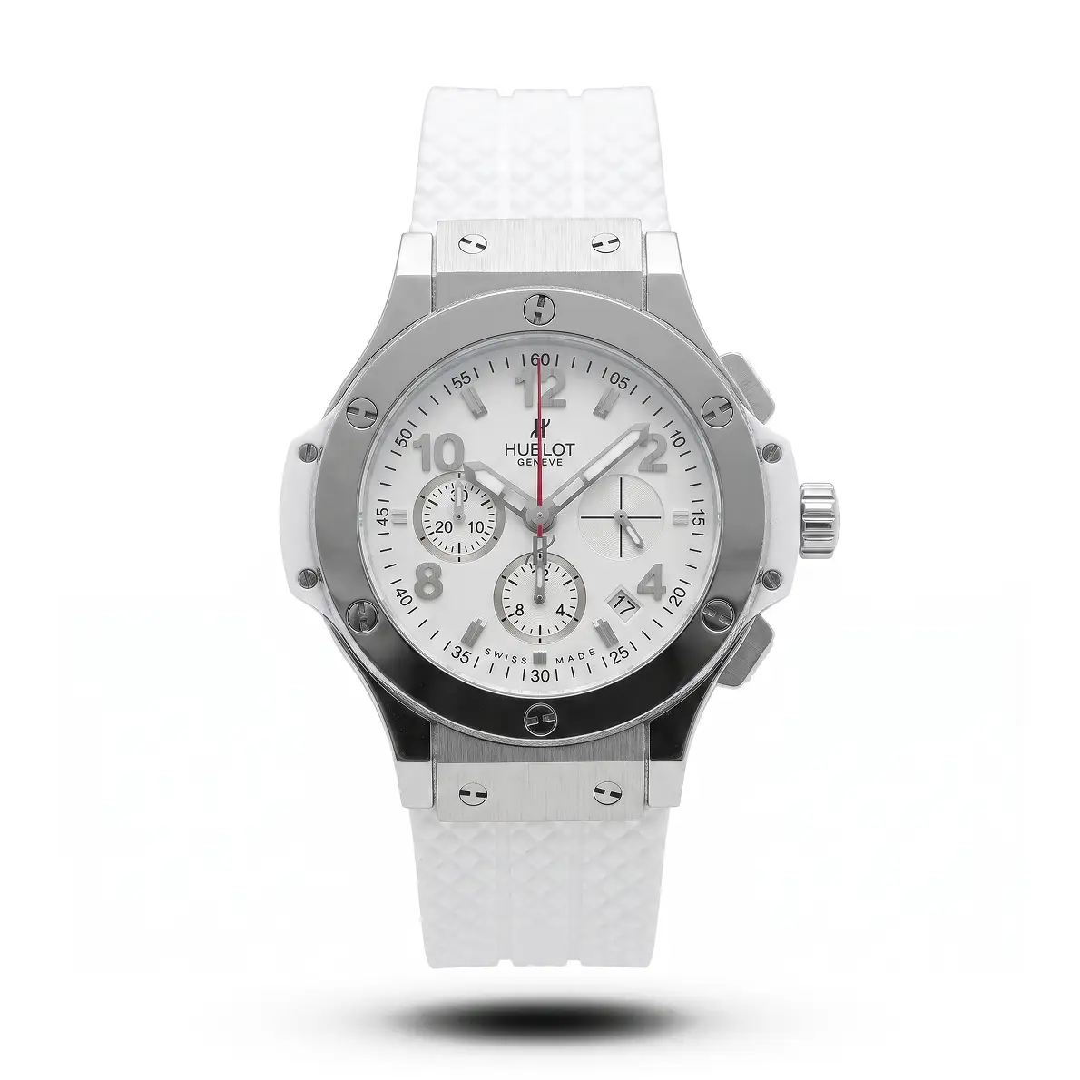 product-8630da4a-2dc8-4b88-8671-5a71dc9fbea2.webp Hublot-Style Big Bang Chronograph White Rubber Silver Tone Strap Watch - Image 1