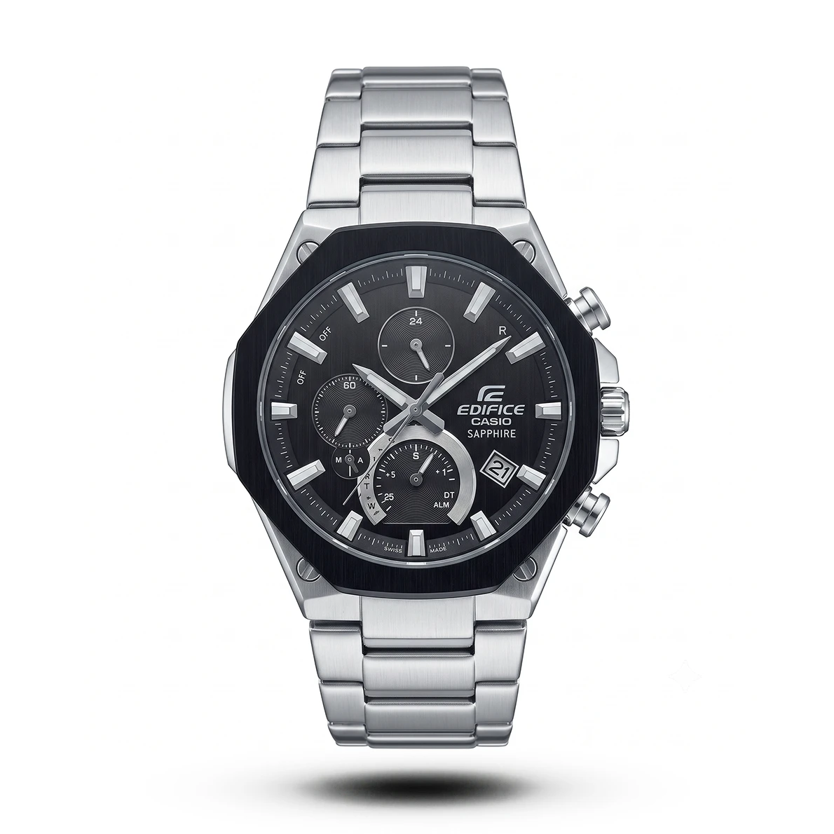 product-876f9811-81ac-453c-9fcc-31f845745838.webp Casio-Style Edifice Slim Octagonal Black Bezel Chronograph Steel Watch - Image 1