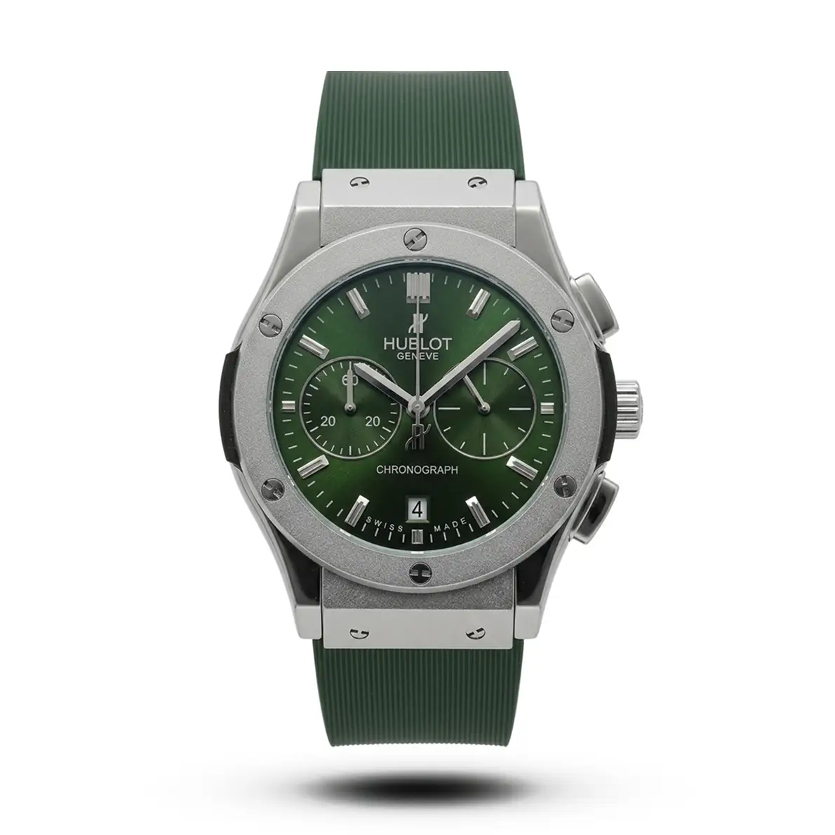 product-888c3d25-31e7-47b6-81fc-fe383a97edb3.webp Hublot-Style Classic Fusion Chronograph Green Strap Silver Case Watch - Image 1