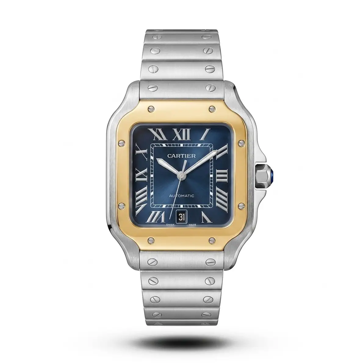 product-8b1f86c7-2a80-40b3-8f75-891753eecebb.webp Cartier Santos De Cartier Golden Bezel Blue Dial Steel Watch - Image 1