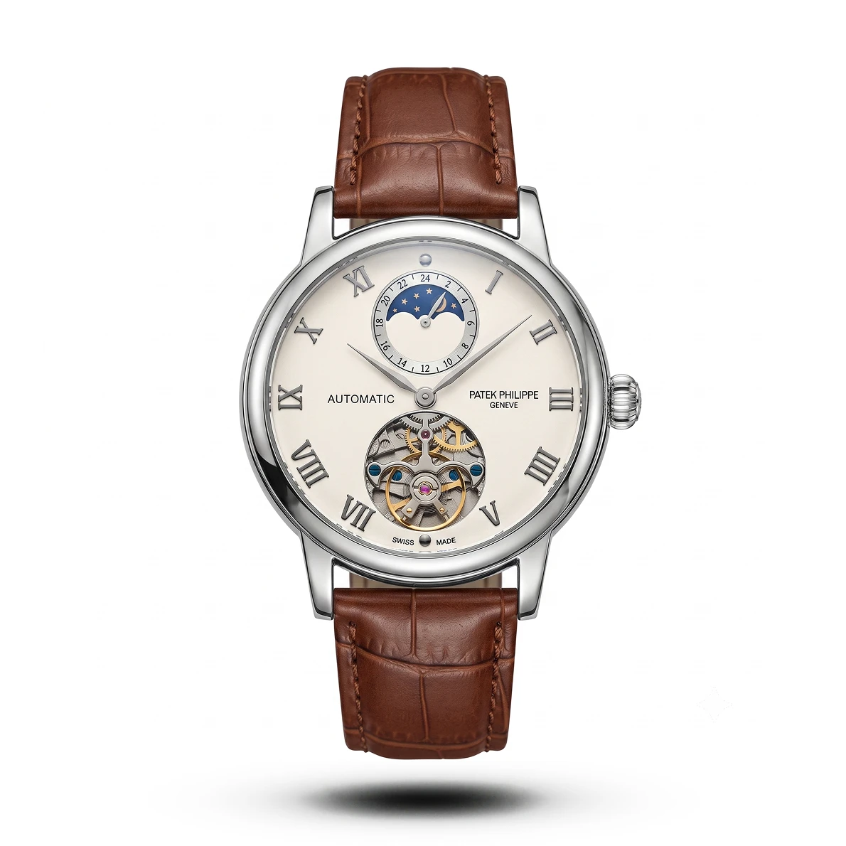 product-8eed27ce-8db5-4bee-8277-430e3065a22f.webp Patek Philippe-Inspired Grand Open-Heart Moonphase Brown Leather Silver Tone Watch - Image 1